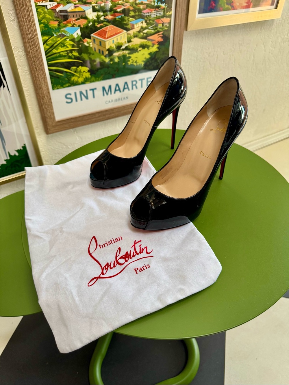 Christian Louboutin Black Patent Peep-Toe Stiletto Pumps